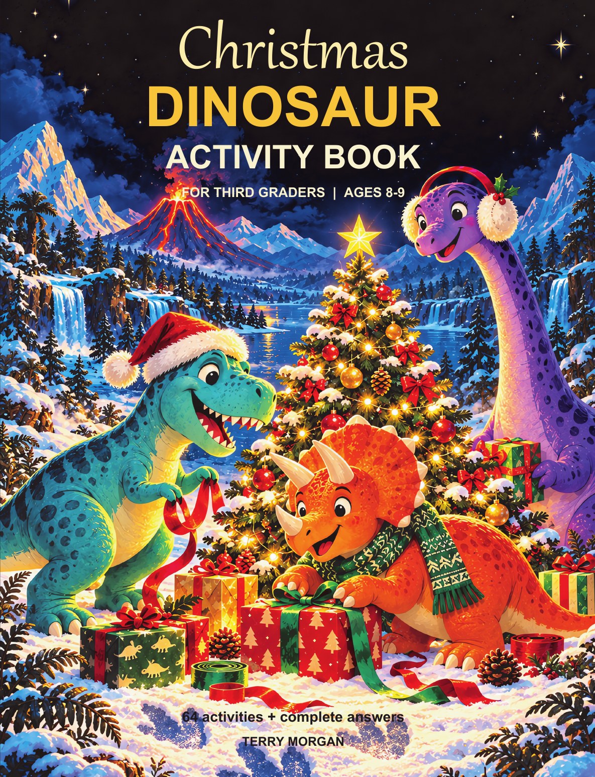 Christmas Dinosaur Activity Book cover — dinosaurs wrapping gifts under a Christmas tree