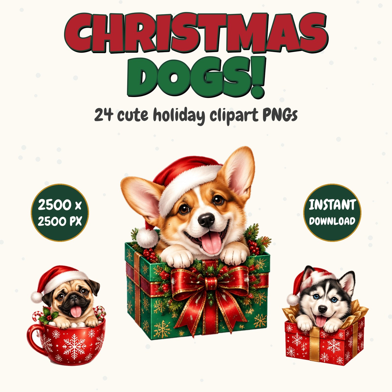 Christmas Dogs clipart — a corgi puppy in a Santa hat popping out of a gift box