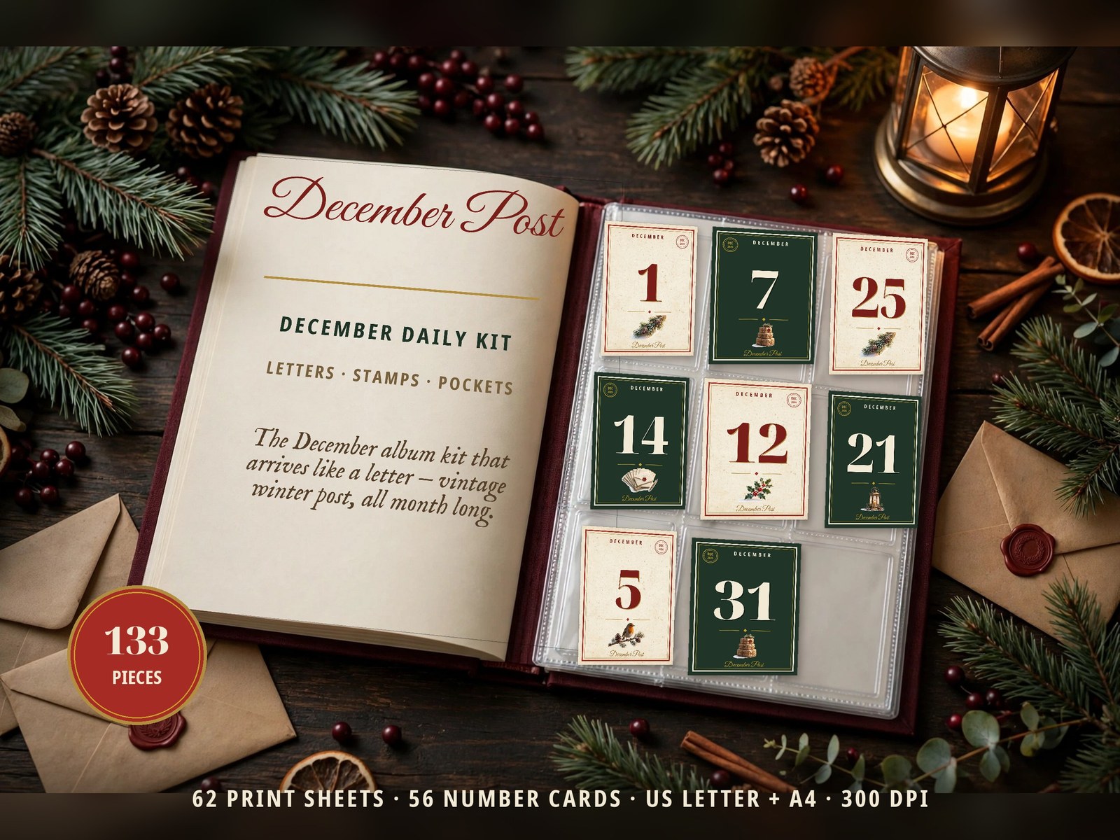 December Post junk journal kit — a December Daily album with number cards, letters and stamps