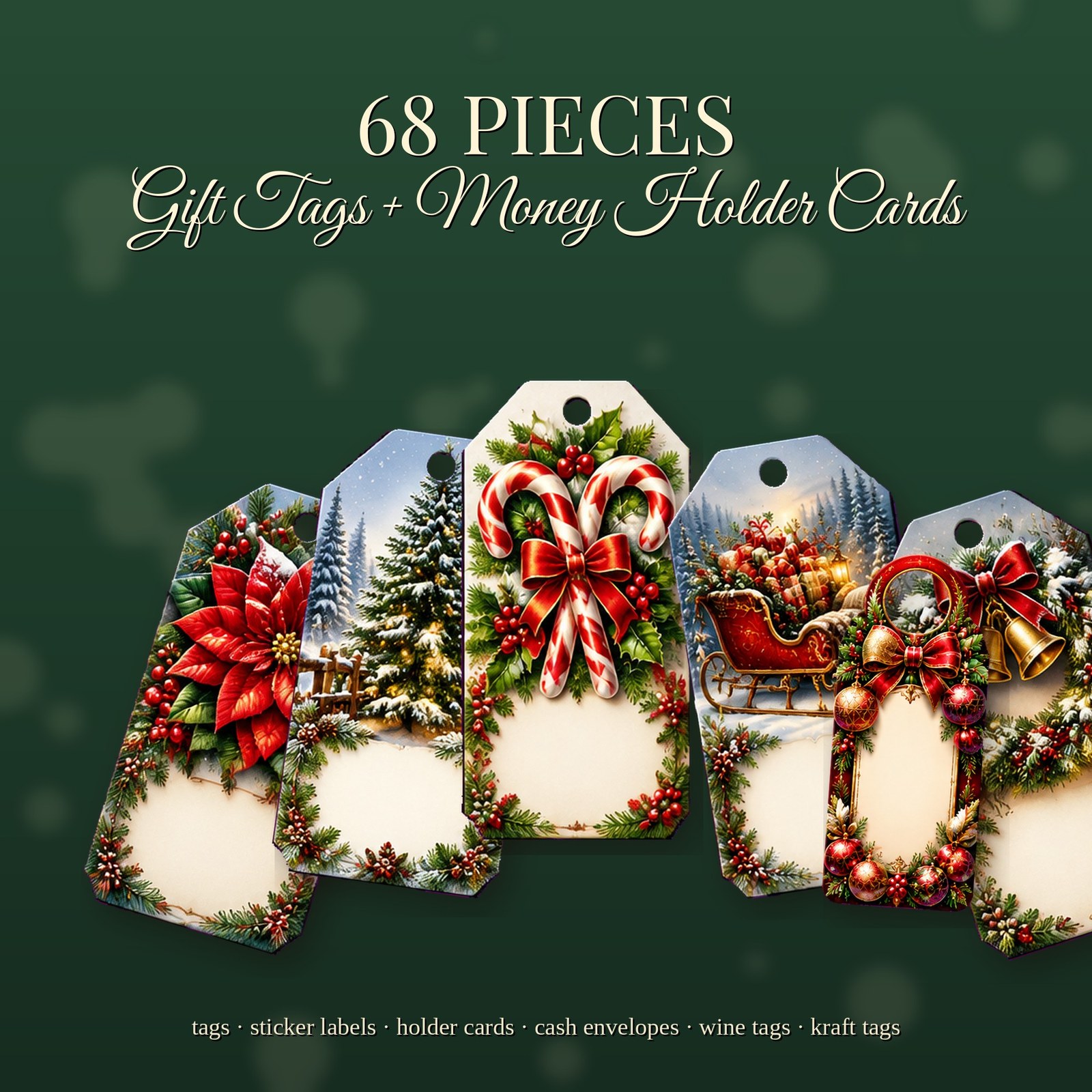 Printable Christmas gift tags and money holder cards fanned out on green