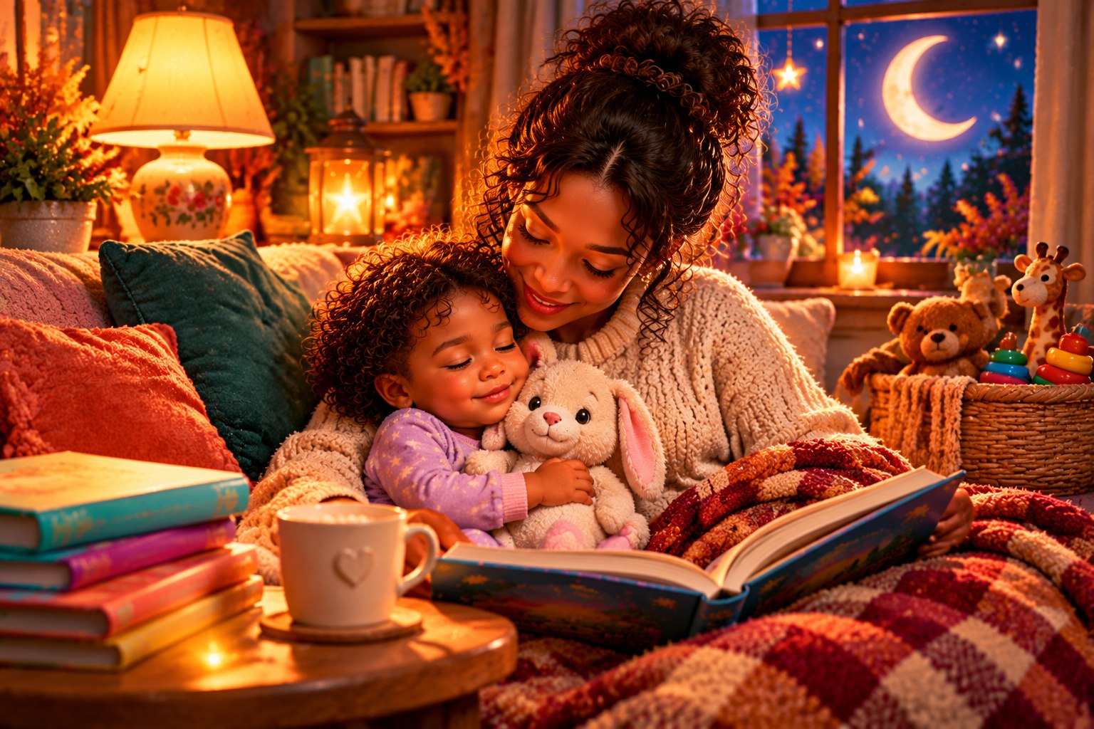 A toddler winding down with a parent in a dim, cozy room